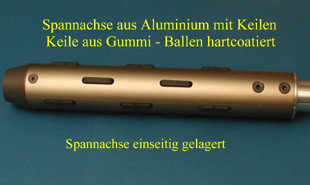 Spannachse aus Aluminium mit Keilen, einseitig gelagert, Keile aus Gummi, Ballen hartcoatiert