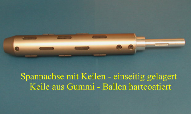 Spannachse mit Keilen, einseitig gelagert, Keile aus Gummi, Ballen hartcoatiert